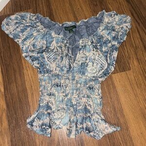 Ralph Lauren Blue and White Floral Smocked Top